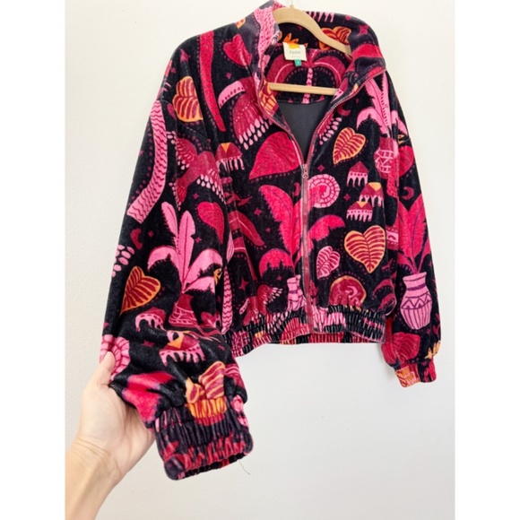 FARM RIO Black Tropical Magic Plush Velvet Bomber Jacket Back Pink S - Picture 10 of 11